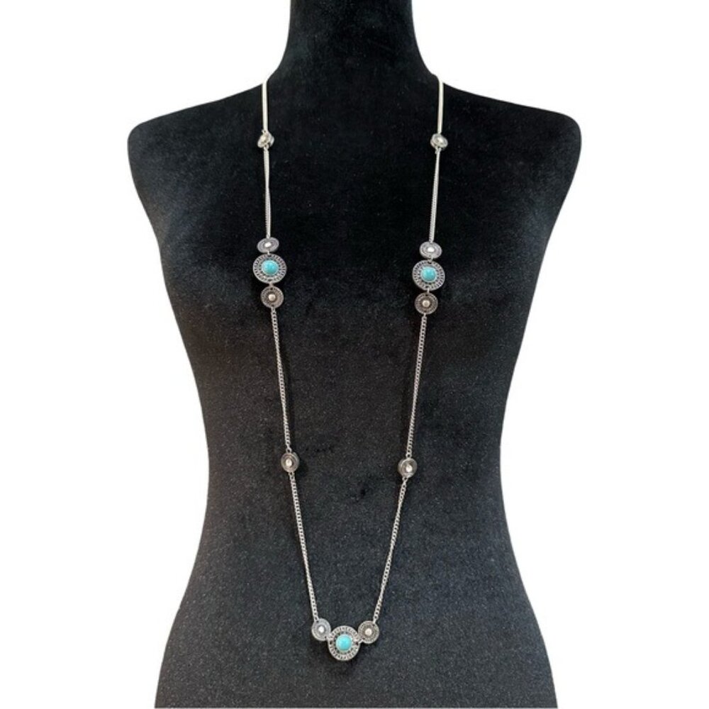 Silver-Tone Long Chain Necklace With Turquoise & Crystal Accents